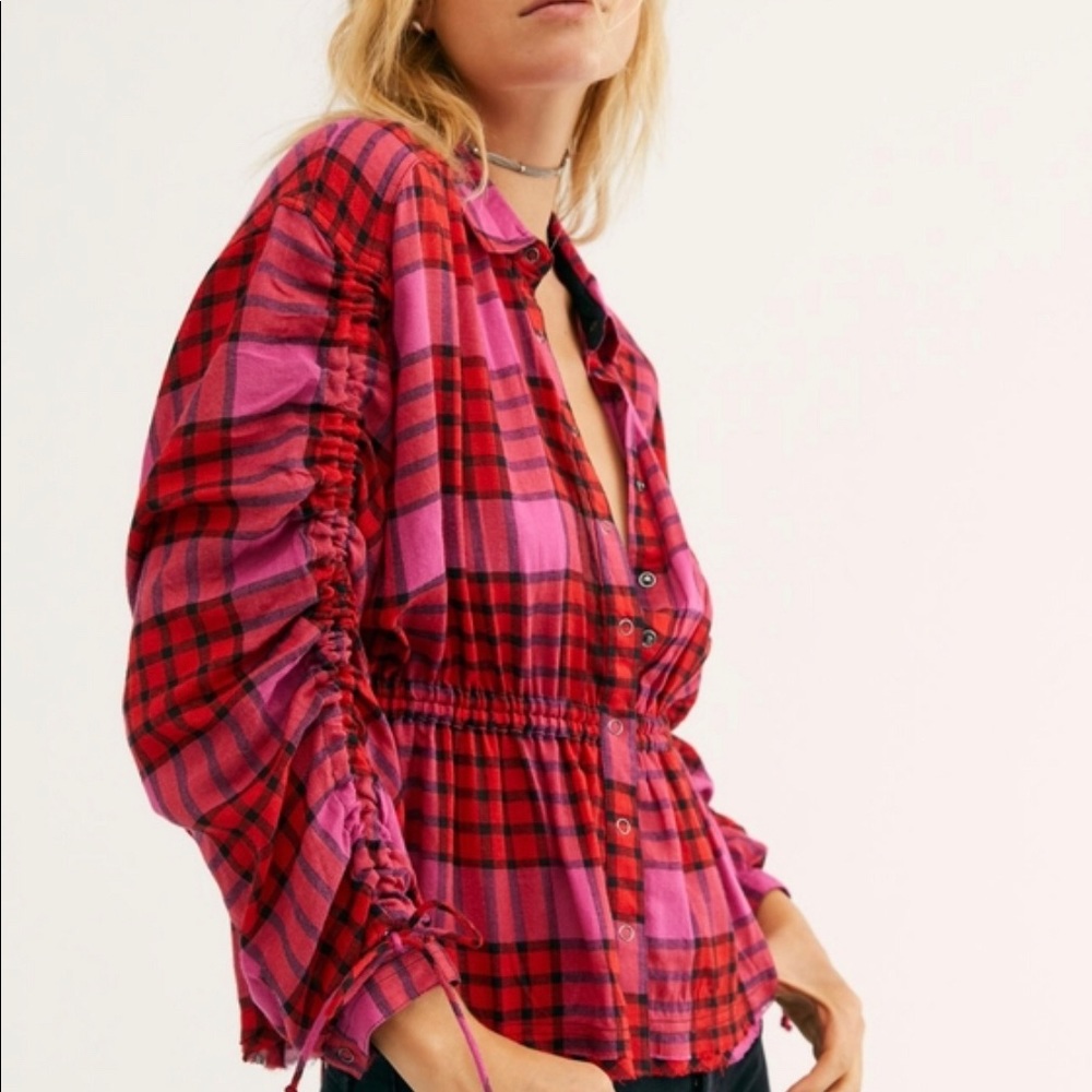 HP🎉FreePeople We the Free Red Combo Pink Pacific Plaid Flannel Top